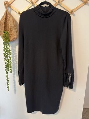 Akris Cashmere Silk Blend Long Sleeve Knit Cage Dress 10 Black Ladder Cutout